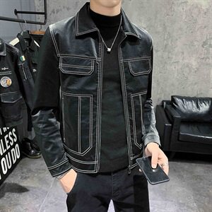 1店主风秋季修身皮衣男士翻领亮色辑明线夹克外套301B-PY12图片