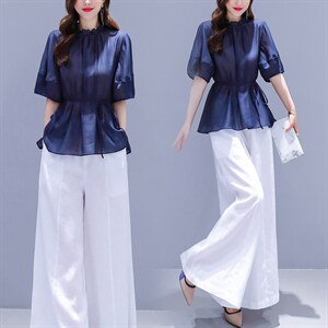 芷墨夏装新款时尚复古显示法式收腰上衣棉麻阔腿裤套装，女装套装/套裙，芷墨服饰