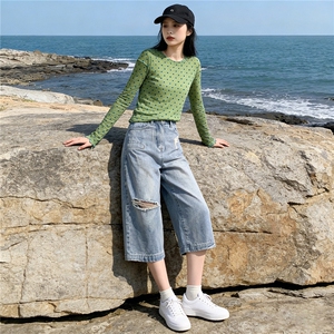 个性时尚套装女夏季新款圆领波点网纱长袖宽松破洞牛仔中裤两件套图片