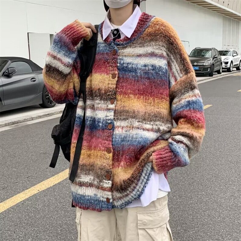 彩色条纹撞色开衫毛衣男女慵懒圆领宽松休闲情侣针织外套SW7310，男装针织衫/毛衣，星座516A