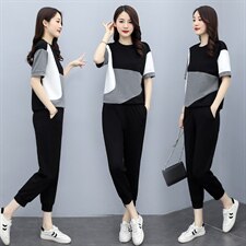2023夏季新款简约气质圆领拼色休闲运动风潮流两件套，女装套装/套裙，千千佰惠