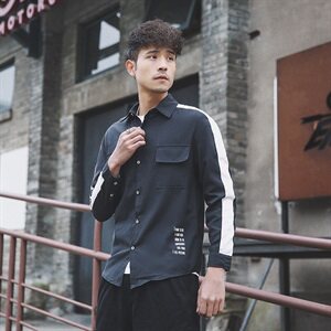 2021外景日系春季新大码拼接纽扣翻领宽松休闲衬衫男C507-P45图片
