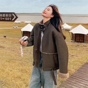 咖色复古皮毛一体机车棉服女冬装2024新款韩版高级感加厚加绒外套图片