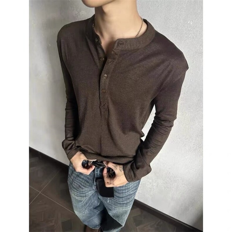 羊毛亨利领纯色针织长袖T恤男女秋季老钱打底衫上衣LBCT01P45，男装针织衫/毛衣，电商D256