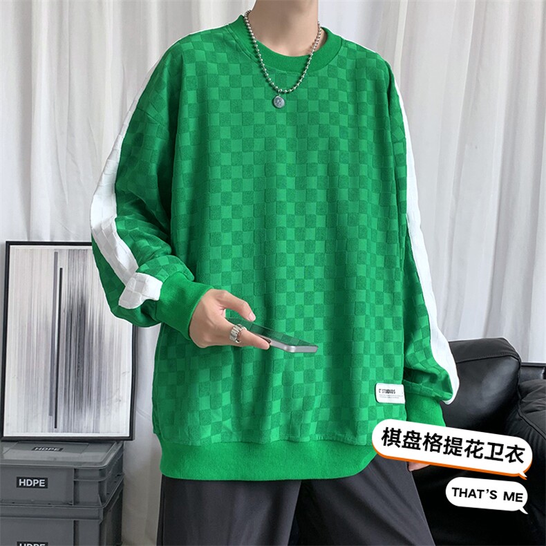 秋季新款棋盘格绣花卫衣休闲套头上衣潮PL3324-P37控58,男装卫衣,星座717