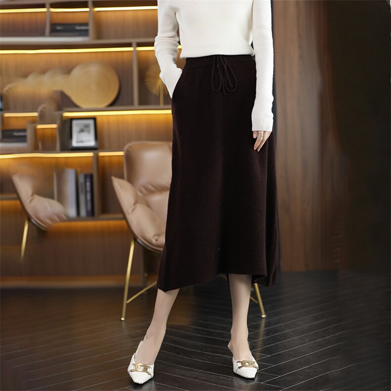 秋冬季纯澳毛直筒裙带兜后开叉简约优雅半身裙，女装半身裙，君贝羊绒
