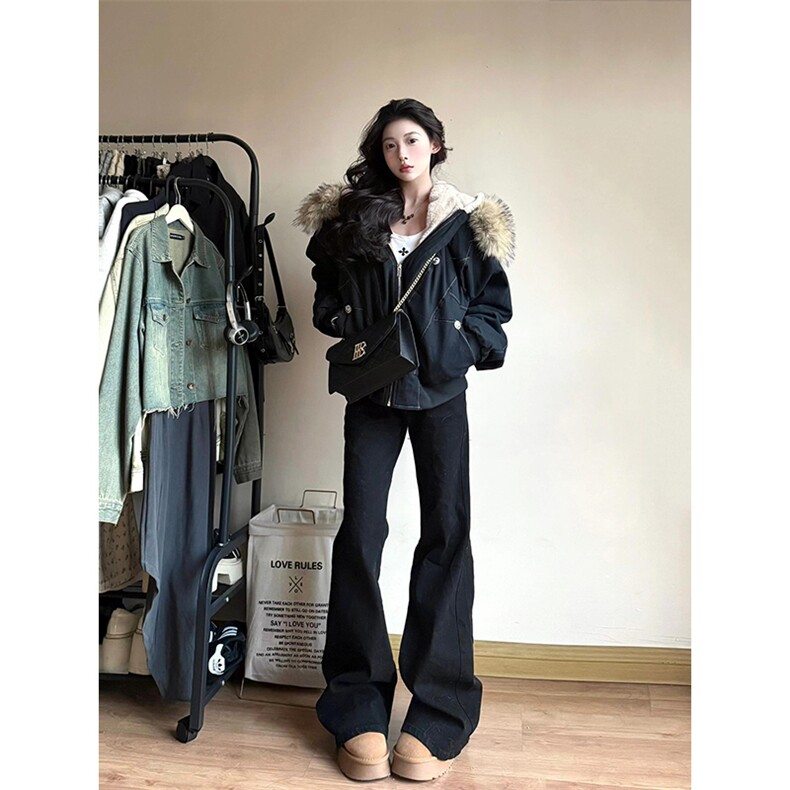 现货重磅boxy短款棉衣座山雕大毛毛领男女棉服水洗工装厚外套,男装棉衣,电商A486-1