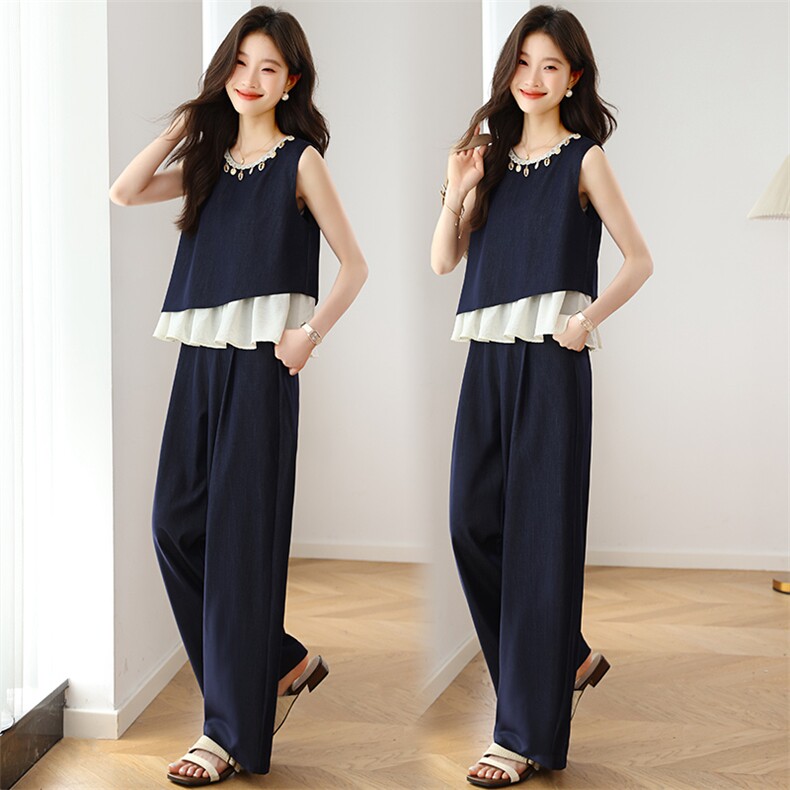 时尚松弛感穿搭背心套装女2025夏季新款拼接无袖上衣阔腿裤两件套,女装套装/套裙,婷思杰（原婷想服饰）