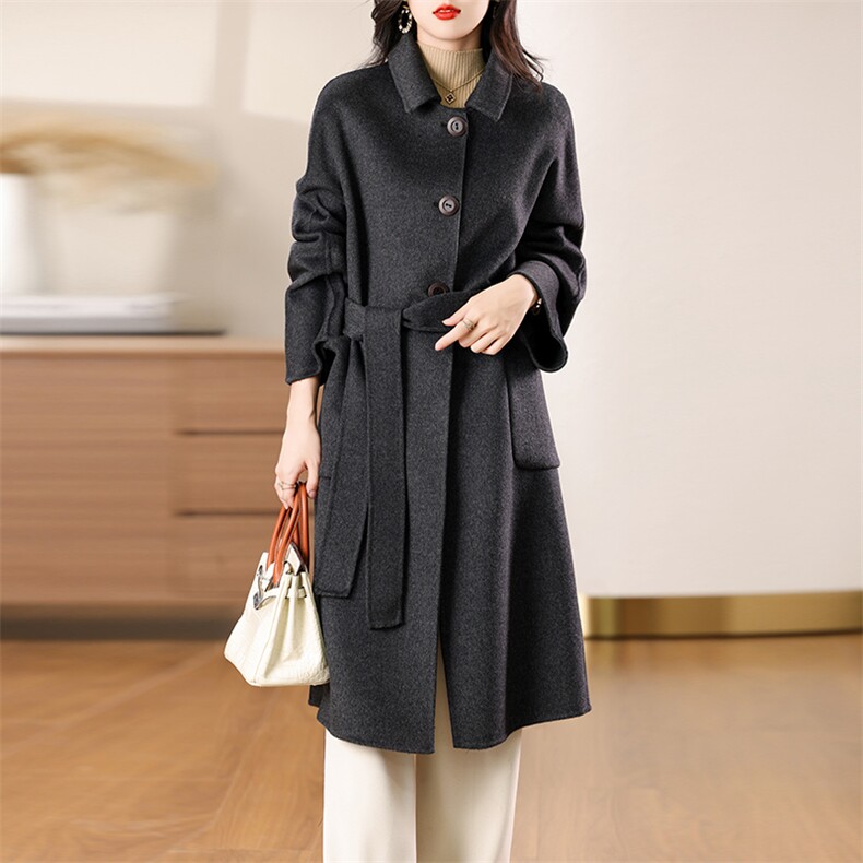三扣单排双面羊毛大衣女中长款2024秋冬新款双面呢大衣，女装双面呢大衣，众策羊绒