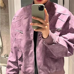 宽松棒球服外套秋冬新款百搭高级感PU皮机车夹克男女JKF223图片