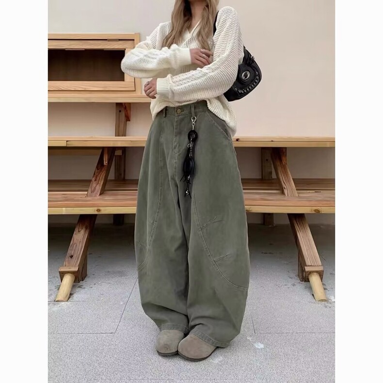 美式复古简约廓形弯刀牛仔裤女春秋款街头宽松阔腿裤坠感镰刀裤子图片