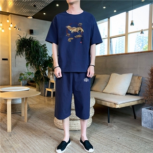 风夏季新款套装男休闲印花男士棉麻短袖短裤潮流套装P65图片