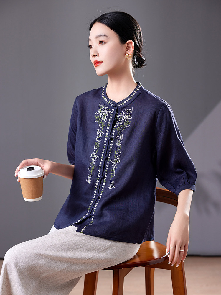 时尚刺绣苎麻衬衫女2025年夏季新款宽松大码中年妈妈减龄薄款上衣,女装衬衫,靓衣阁