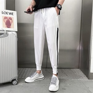 夏季薄款休闲裤男2022魔术贴束脚裤潮流修身拉链九分裤潮牌哈伦裤，男装休闲裤，电商A327