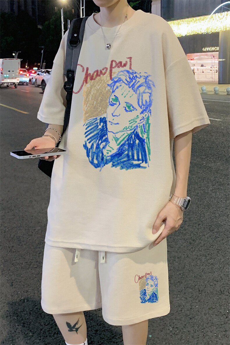 ！2024夏季新款潮牌华夫格短袖套装学生半袖一套HTZ20P50,男装T恤,电商B220