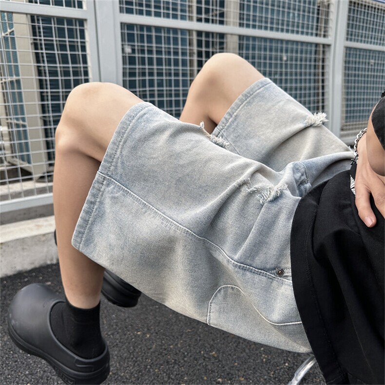 美式高街牛仔短裤男女韩版潮流破洞2025夏季ins五分裤RK2746-P36图片