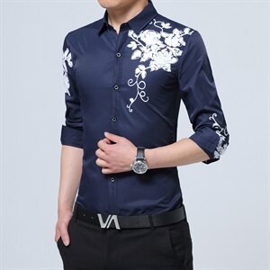 C838男士长袖衬衫印花青年韩版商务休闲白衬衣修身正装潮图片