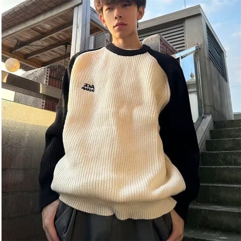 潮流日系原宿慵懒新款精致感小立领彩色条纹休闲宽松长袖T恤上衣,男装T恤,星座506A