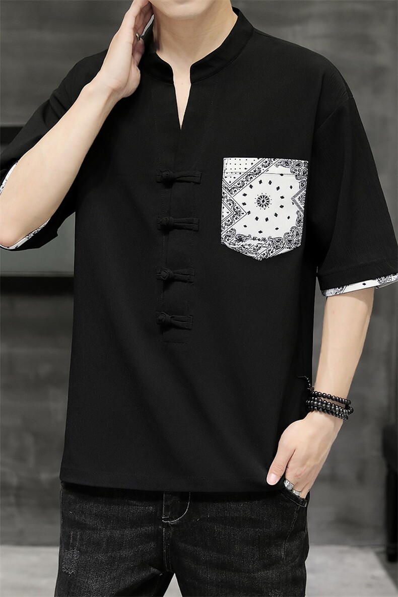 2026夏季风新款盘扣V领男士潮流短袖透气T恤H1692-P60,男装T恤,星座1105-3