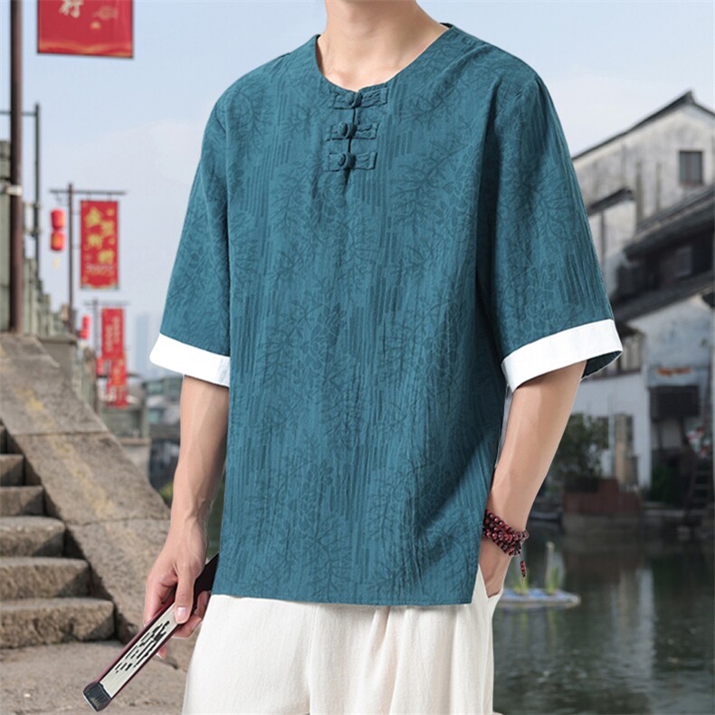 男士衬衫五分袖衬衣中袖印花圆领唐装风XZ1512-2612-P40,男装T恤,星座1512