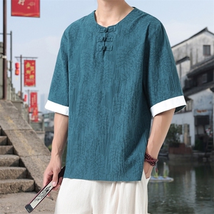 男士衬衫五分袖衬衣中袖印花圆领唐装风 XZ1512-2612-P40图片