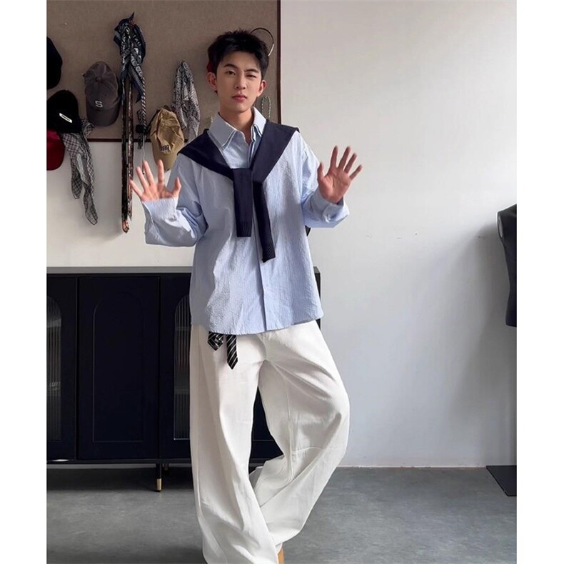 抖音得物品质二开春装美式潮牌披肩条纹长袖衬衫男女休闲宽松衬衣图片