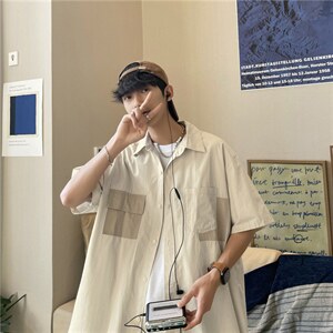 复古cityboy卡其杏色拼接工装衬衫短袖宽松衬衣设计感W3171-P30图片