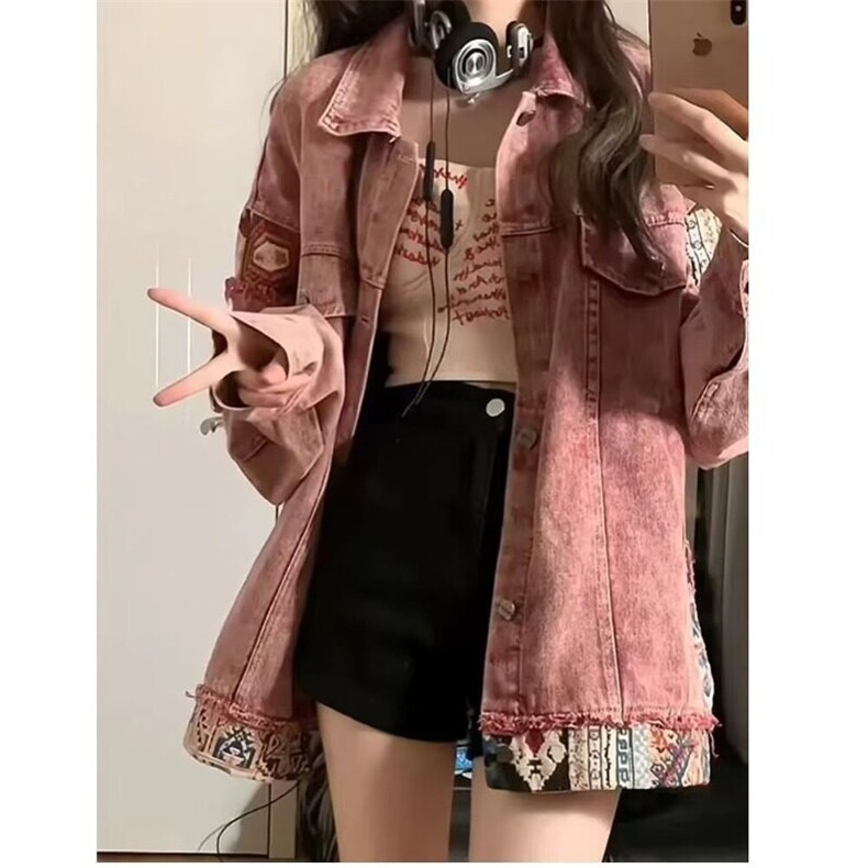 小香风牛仔外套女春秋复古做旧拼接设计感小众宽松粉色开衫夹克潮图片