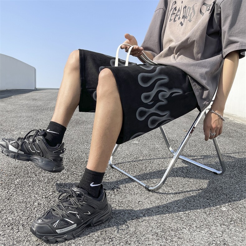麂皮绒火焰五分裤男韩版潮流印花帅2026夏季新款ins短裤K3680-P32,男装牛仔裤,星座412