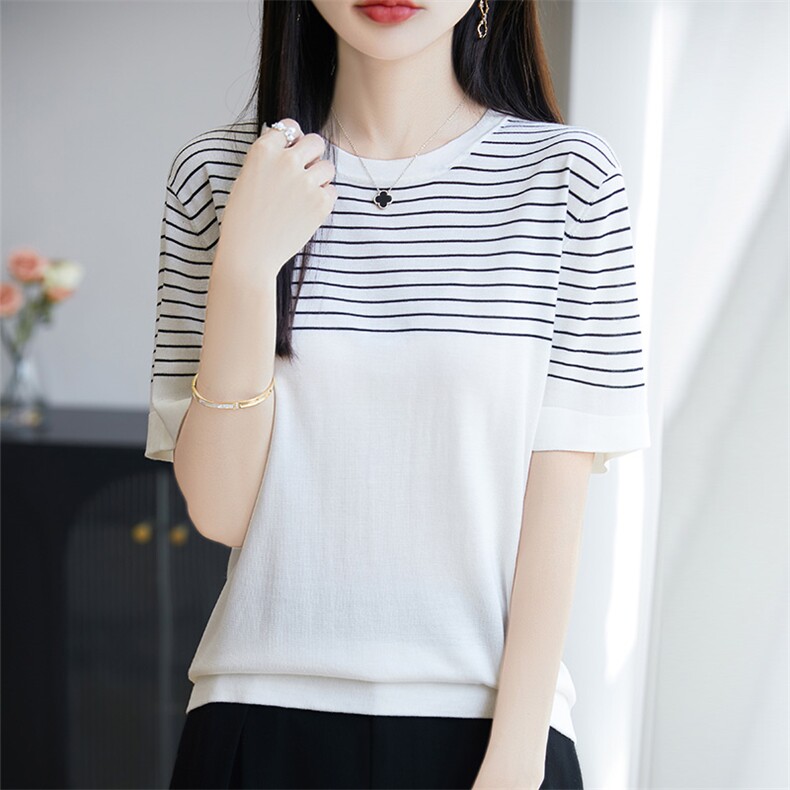 2025夏季新款莱赛尔天丝针织短袖T恤女圆领条纹拼色薄款上衣,女装T恤,广悦羊绒