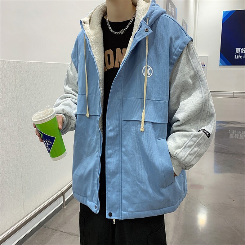 冬季加绒拼接羊羔毛连帽服男潮牌衣宽松保暖外套W6555-P98,男装棉衣,星座512-3