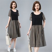 时尚拼接格纹连衣裙显瘦修身大码女装优雅气质短袖裙装，女装连衣裙，依恋蒂丝