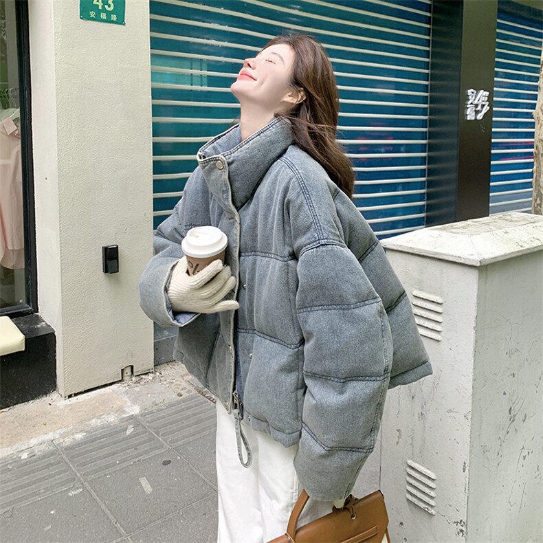 复古牛仔立领羽绒服女2025冬季新款美式学院风休闲百搭白鸭绒外套,女装羽绒服,2C170