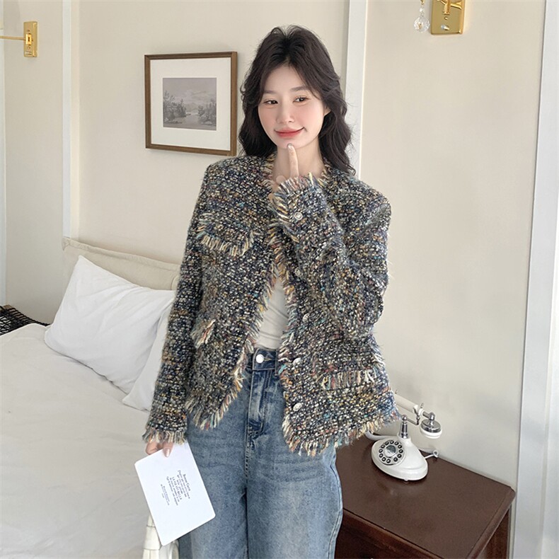 【现货大】粗花呢彩色编织小香风春秋外套1C045-H508P165K258,女装短外套,红龙果