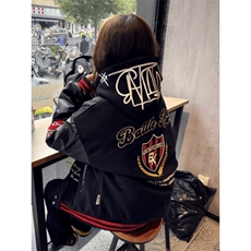 潮高街徽章刺绣pu皮拼接夹克男女青少年学生百搭潮流棒球服外套，男装夹克，四季星座505