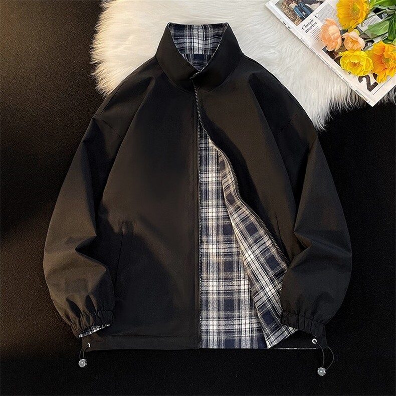 得物品质秋男两面穿夹克衫条纹格子立领拉链开衫休闲外套JK50P72，男装夹克，星座1013-1