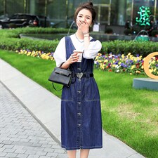 2022韩版时尚新品牛仔背带裙修身显瘦气质长裙百搭潮流女装连衣裙，女装连衣裙，钱塘布衣