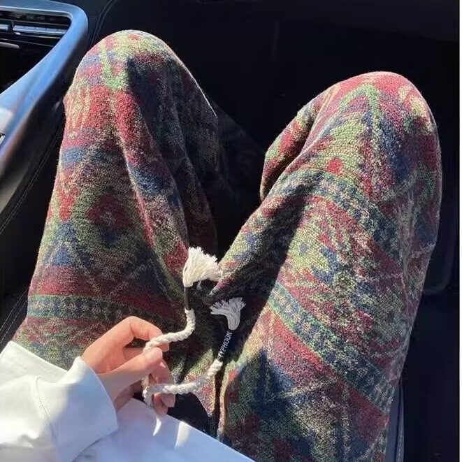 复古民族风针织裤子男款秋季垂感直筒卫裤美式复古脏脏阔腿休闲裤,男装休闲裤,星座506A