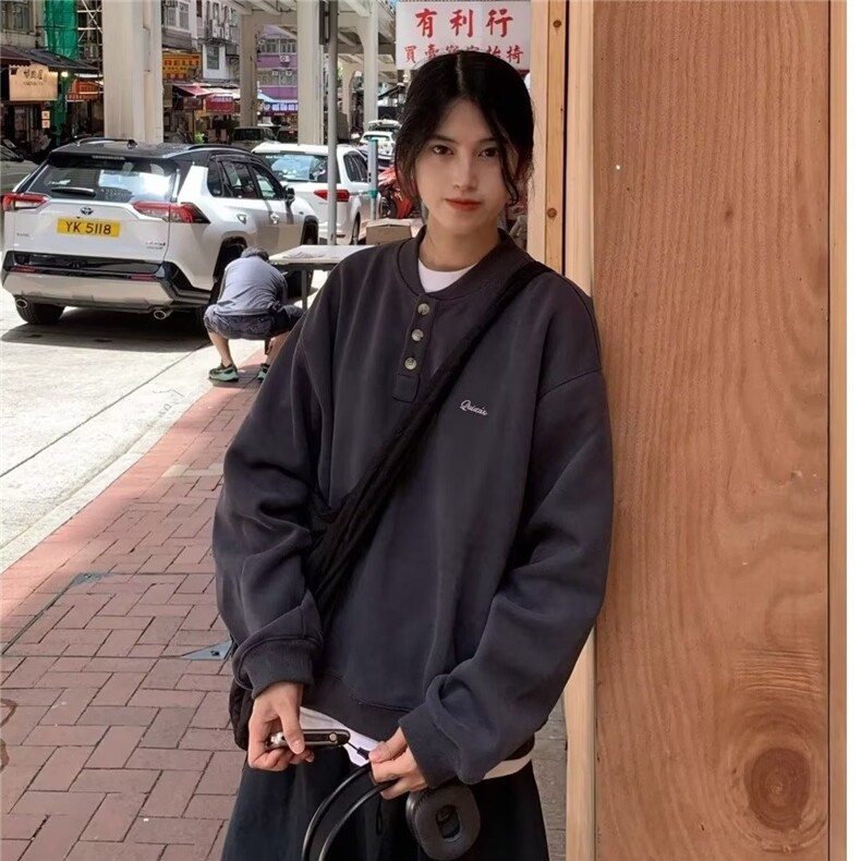 美式复古简约少年感亨利领卫衣男女宽松休闲套头长袖上衣图片