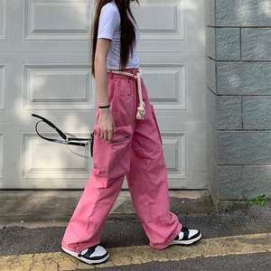 美式vibe灰色机能工装冲锋裤女直筒高街带腰绳工装长裤B86 P45图片