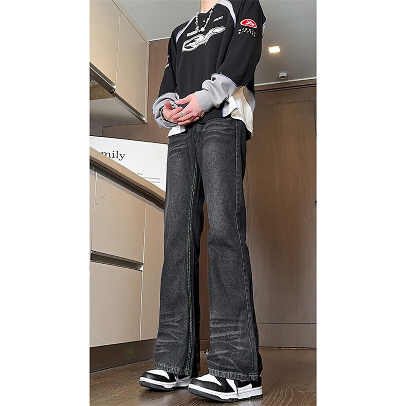 美式ins高街cleanfit重工艺水洗暗黑微喇牛仔裤货号K2401P60,男装牛仔裤,电商A063