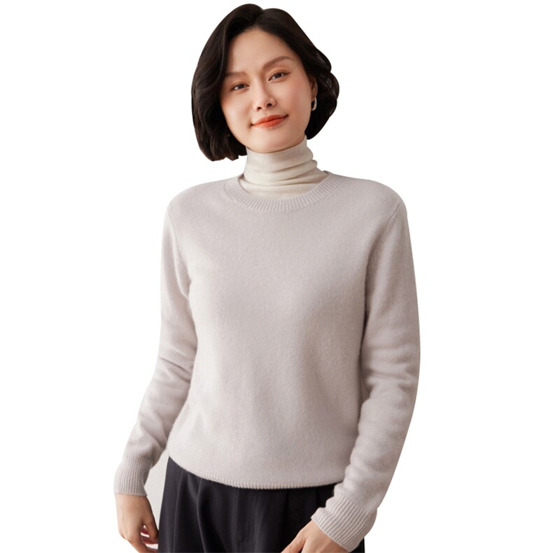 秋冬新款洋气时尚百搭显瘦女款圆领山羊绒衫,女装羊绒衫,艾巧羊绒