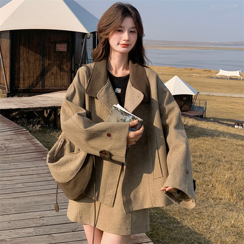 韩版上衣毛呢套装女2025冬季新款显瘦a字短裙两件套,女装套装/套裙,纯色衣恋