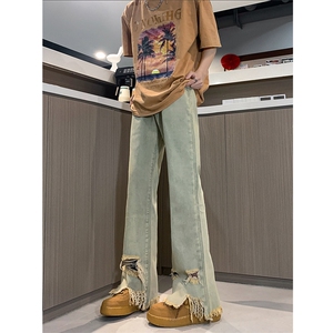 春夏 黄泥美式vibe裤高街黑色破洞微喇直筒毛边牛仔裤男 K890-P55图片