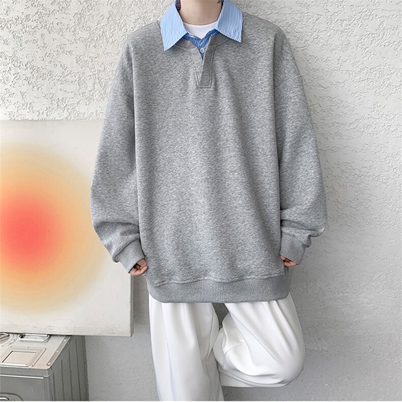 抖音得物高品质26春装美式高街假两件衬衫领长袖卫衣POLO领打底衫,男装T恤,电商A486