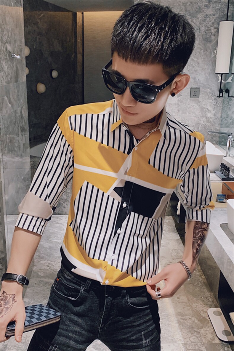 312A-233-P55新款社会小伙中袖衬衫韩版潮流男士五分袖衬衣C,男装T恤,星座312A-5