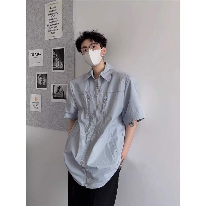 美式拉链衬衫男女夏季cleanfit痞帅半袖短袖高级设计工装外套衬衣,男装T恤,星座506A