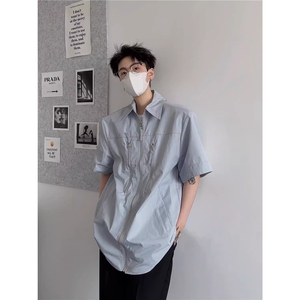 美式拉链衬衫男女夏季cleanfit痞帅半袖短袖高级设计工装外套衬衣图片