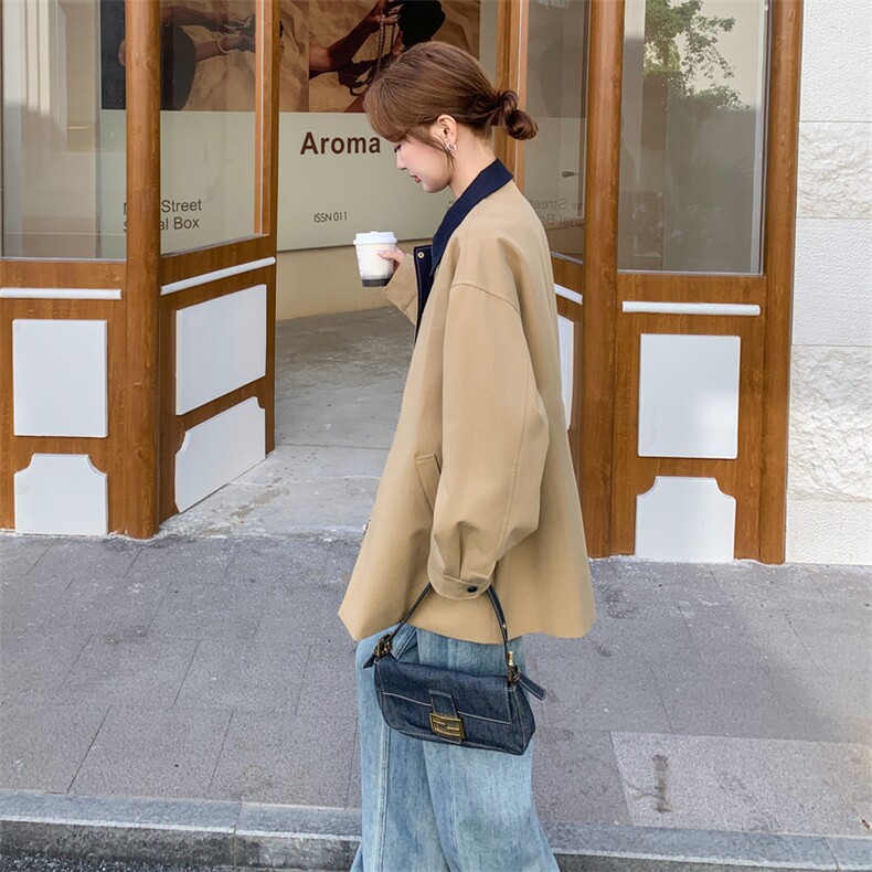 设计感撞色拼接卡其色风衣外套女春秋2025新款爆款高级感显瘦大衣,女装风衣,1D103