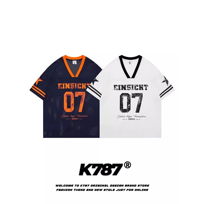 T199-P36美式街头复古V领7号球衣短袖夏季透气网眼篮球运动T恤，女装T恤，电商B323A